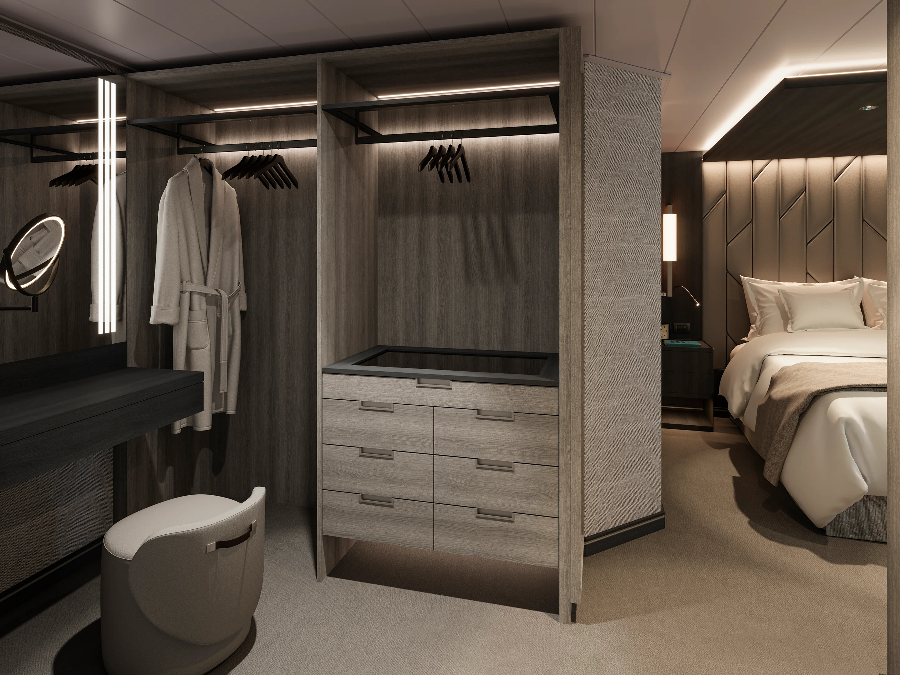Luxus Suite der EXPLORA III mit begehbarem Kleiderschrank und elegantem Schlafzimmer